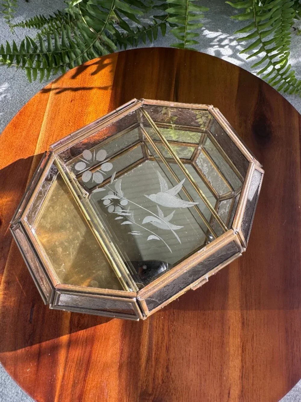 Vintage Etched Glass & Brass Jewellery Box – Hummingbird & Floral Design